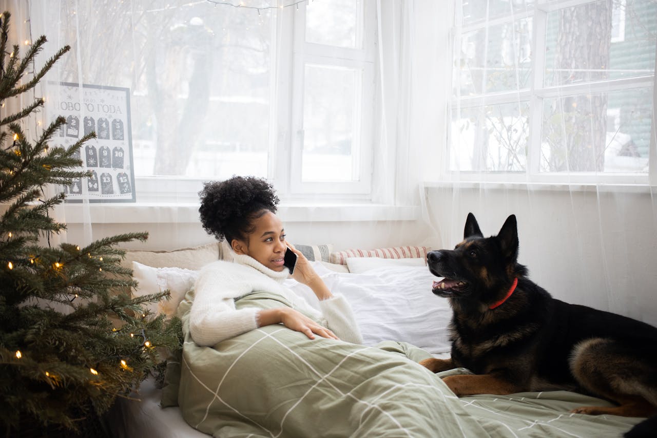 A Woman Lying in Bed with a Dog Beside a Christmas Tree Using a Smartphone
