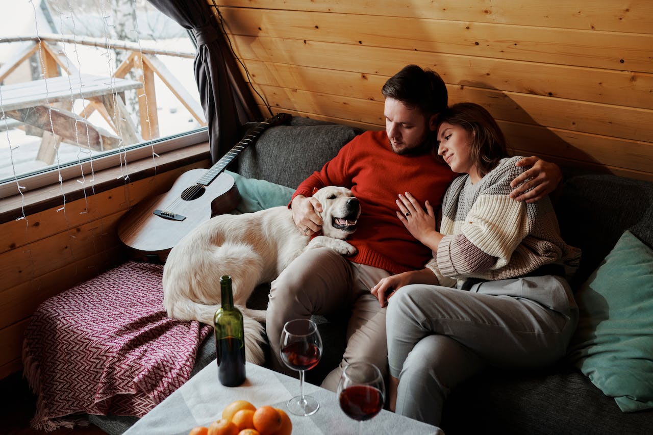 Couple Sitting on a Couch, Hugging, Petting Their Dog and Drinking Red Wine