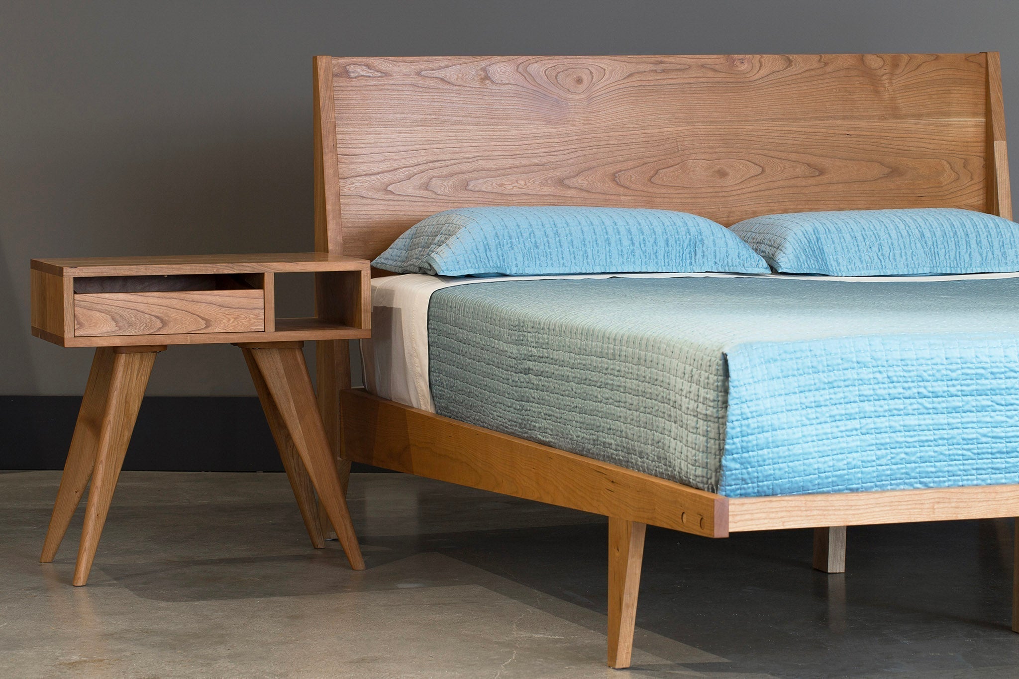 Modern 2 Platform Bed and Modern Side Table in Cherry