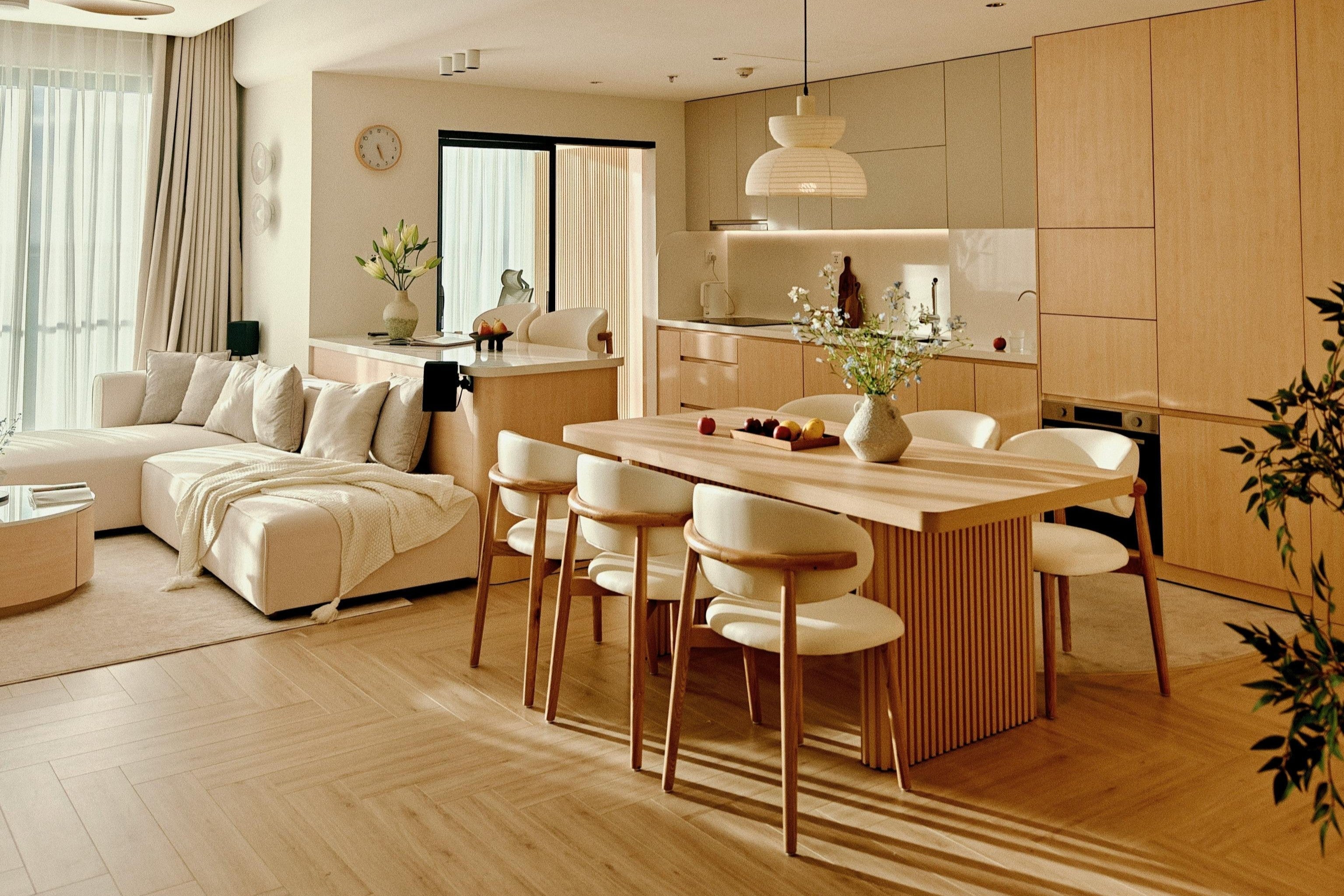 Contemporary open plan living and dining area featuring minimalist and mid-century modern inspired furniture