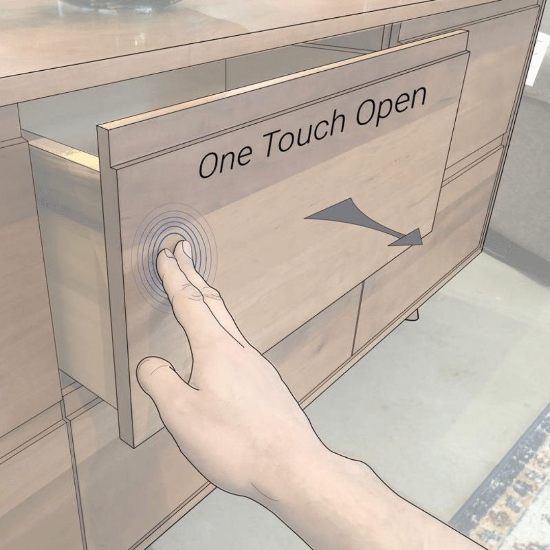 A hand demonstrates the push-to-open "One Touch Open" feature on a slightly ajar solid cherry Modern Dresser by TY Fine Furniture, with a motion arrow indicating the opening direction.