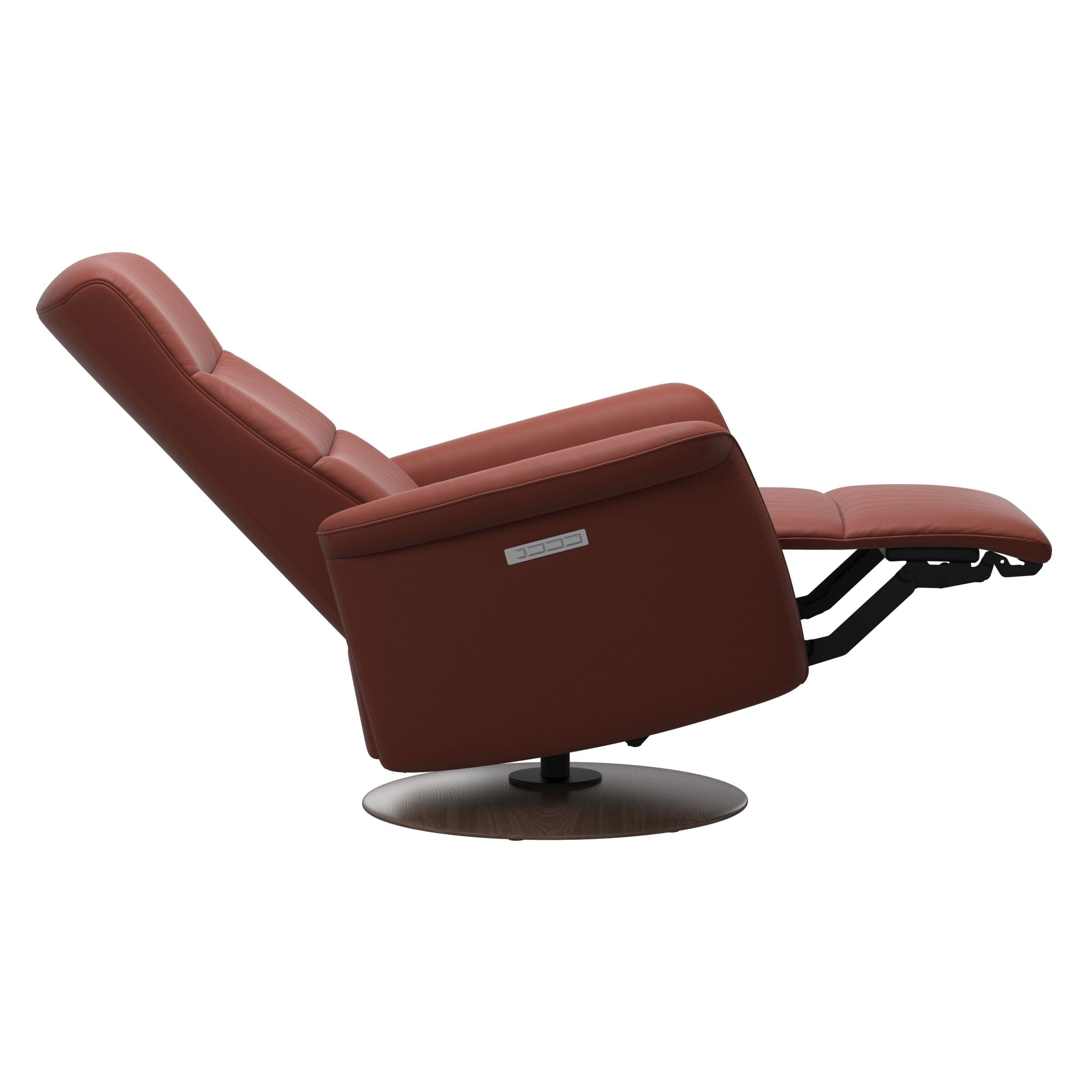 Side view of the Stressless Mike Power Recliner by Stressless, a sleek recliner with reddish-brown leather upholstery, fully reclined with extended footrest and set on a circular base.