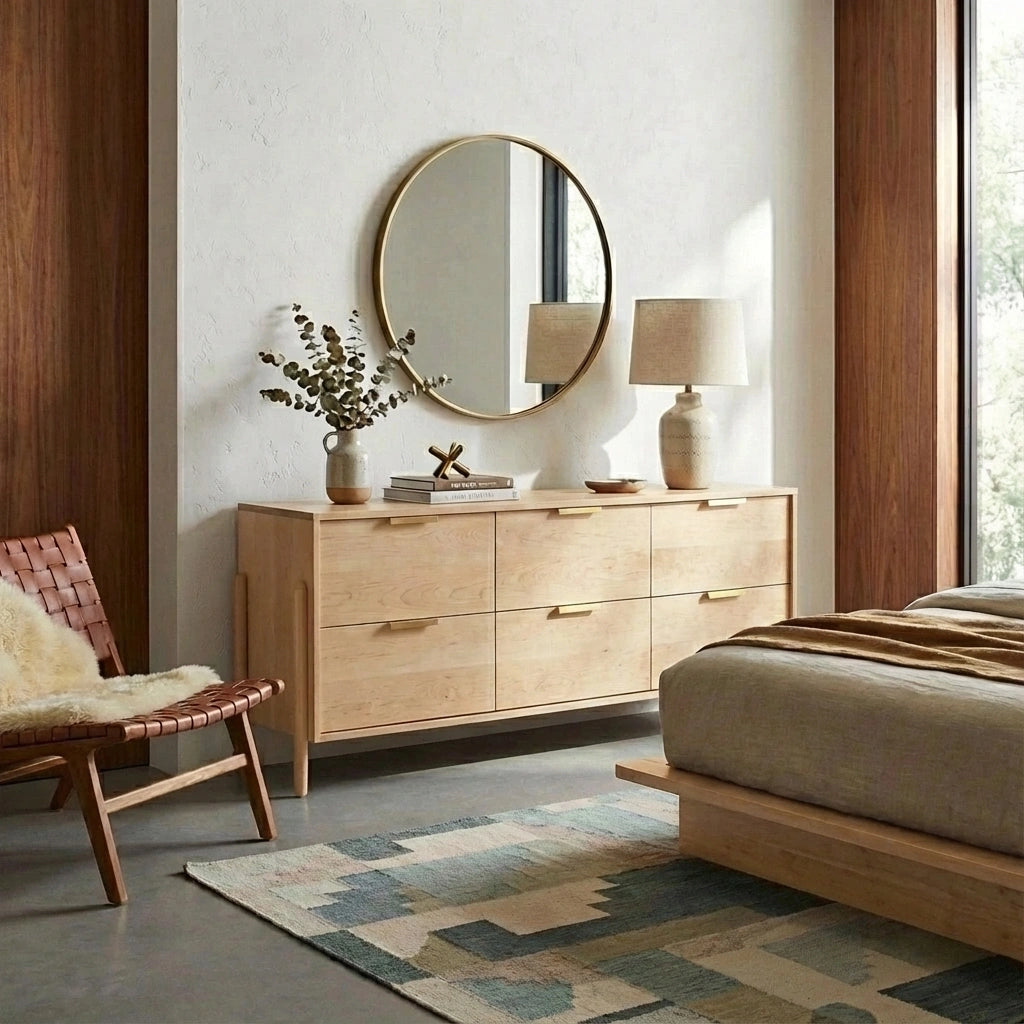 A modern bedroom features the TY Fine Furniture Apollo 6 Drawer Dresser in handcrafted maple, paired with a round mirror, table lamp, greenery in a vase, and decor. A woven chair with fur throw complements the patterned rug and neutral bedding.