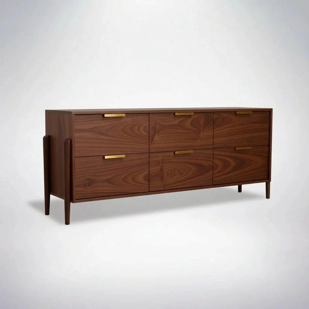 walnut and gold dresser IdealHouse Modern Walnut 6 Drawer Fluted Dresser with LED Lights and Charging Station - Storage Cabinet with Gold Handles Open Shelf