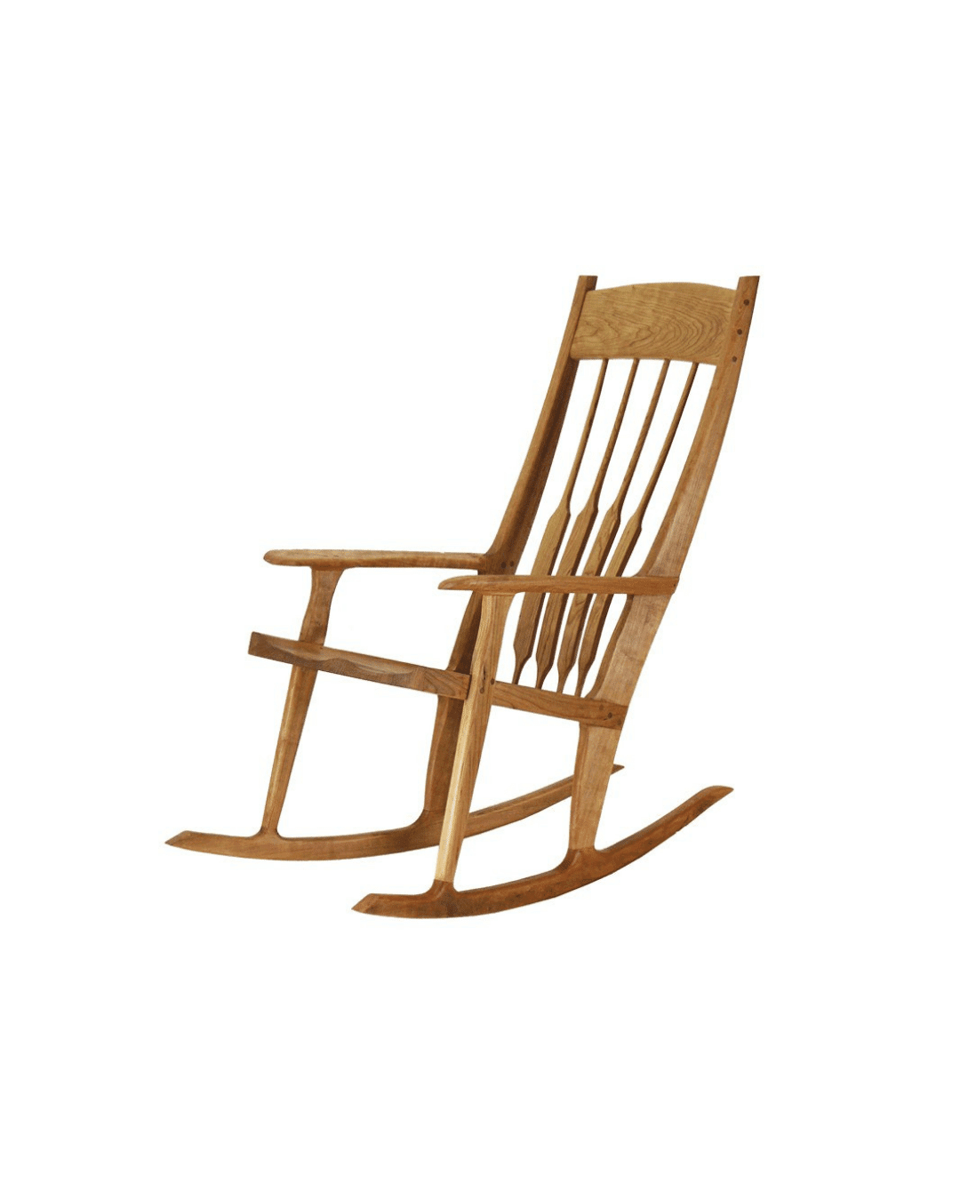 The Sunrise Rocking Chair - Solid Wood by TY Fine Furniture features a tall backrest, vertical slats, curved rockers, and armrests. Handcrafted in Columbus, OH, it's shown against a plain white background.
