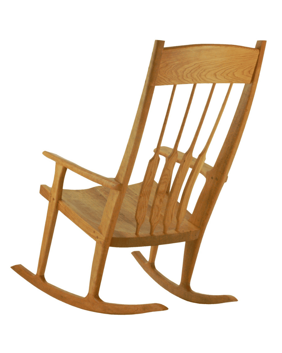 The Sunrise Rocking Chair - Solid Wood by TY Fine Furniture features a high slatted back, curved armrests, and smooth rockers. Handcrafted in Columbus, OH, it's made from solid wood and shown against a white background.