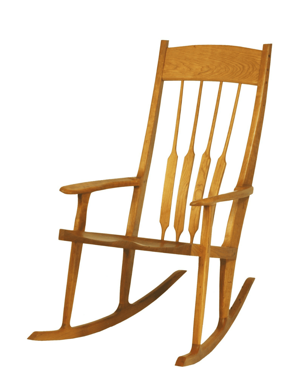 The Sunrise Rocking Chair - Solid Wood by TY Fine Furniture features a handcrafted design with a high, curved back, vertical slats, armrests, and curved rockers. Made in Columbus, OH and shown isolated on a white background.