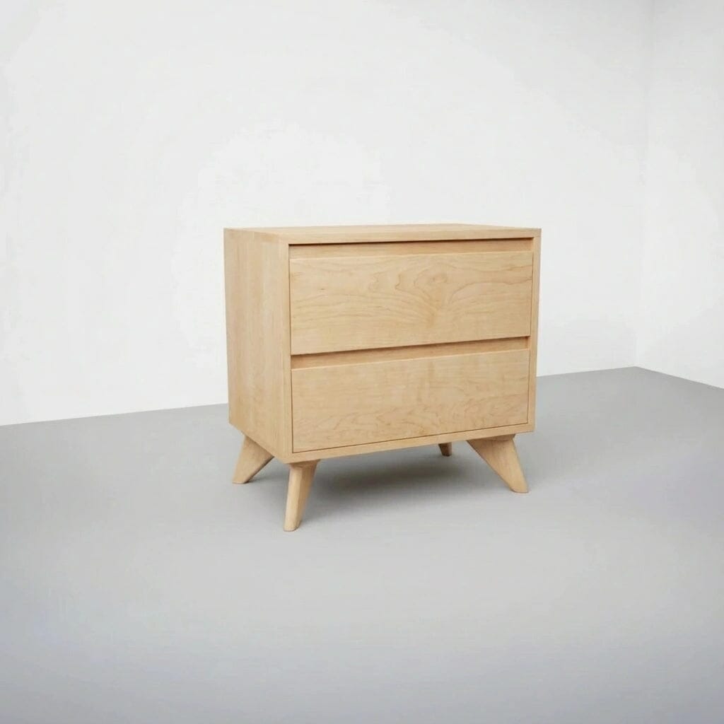 The TY Fine Furniture Modern Cube Side Table in Maple, made of solid wood, features a minimalist mid-century design and stands out against a plain white wall and gray floor.
