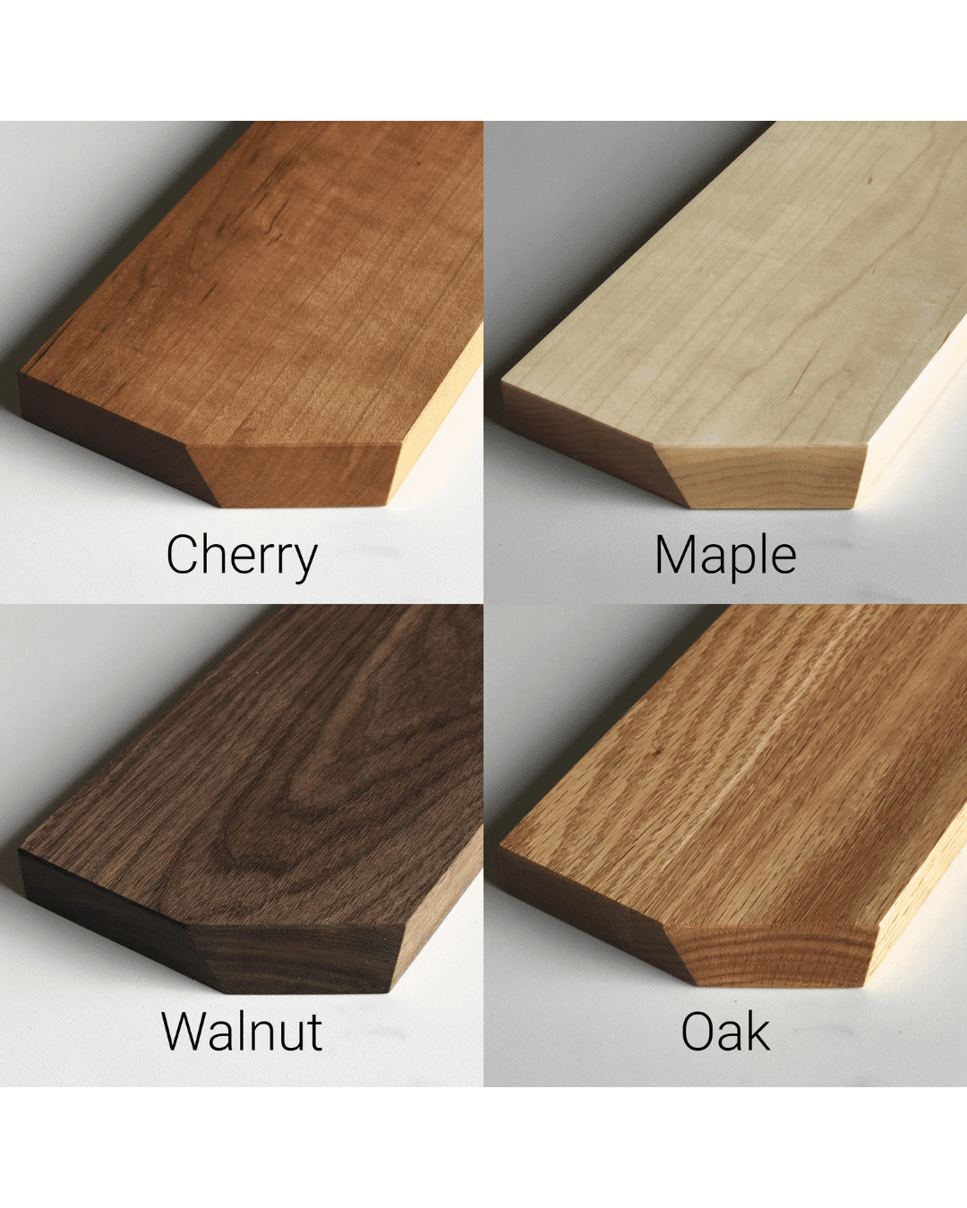 Four solid wood boards—Cherry, Maple, Walnut, and Oak—showcase unique colors and grain patterns with beveled edges, ideal for selecting a finish for your Sunrise Rocking Chair by TY Fine Furniture in Columbus, OH.