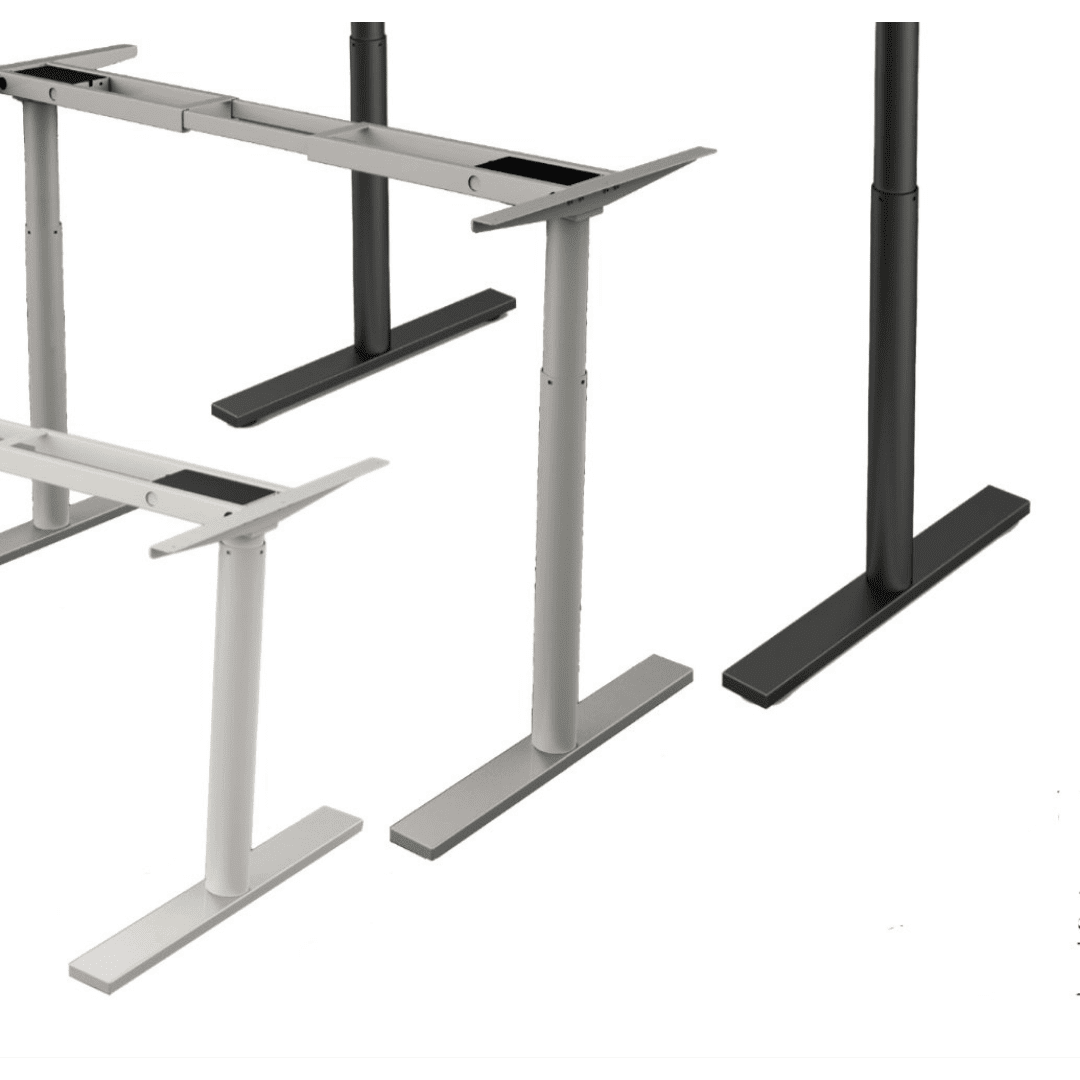 Three adjustable-height desk frames are shown: two light gray and one black, each with sturdy rectangular legs and T-shaped bases—perfect as the base for a Mid-Century Modern desk or a TY Fine Furniture Apollo Solid Wood Sit Stand Desk.