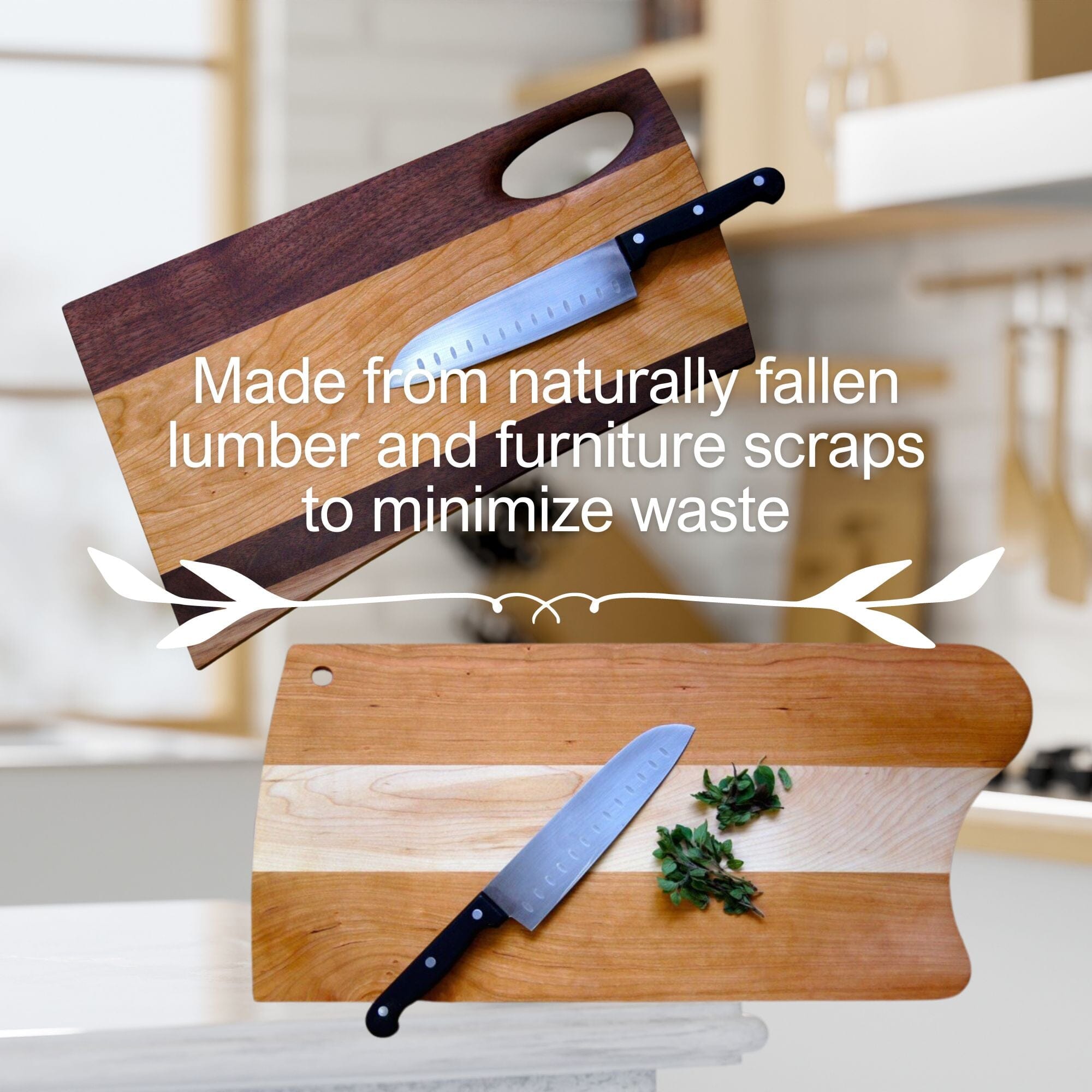 Two Paddle Mixed Wood Cutting Boards by TY Fine Furniture, one plain and one with chopped herbs and knives on top. Made from naturally fallen lumber and furniture scraps to reduce waste. Set in a kitchen background.