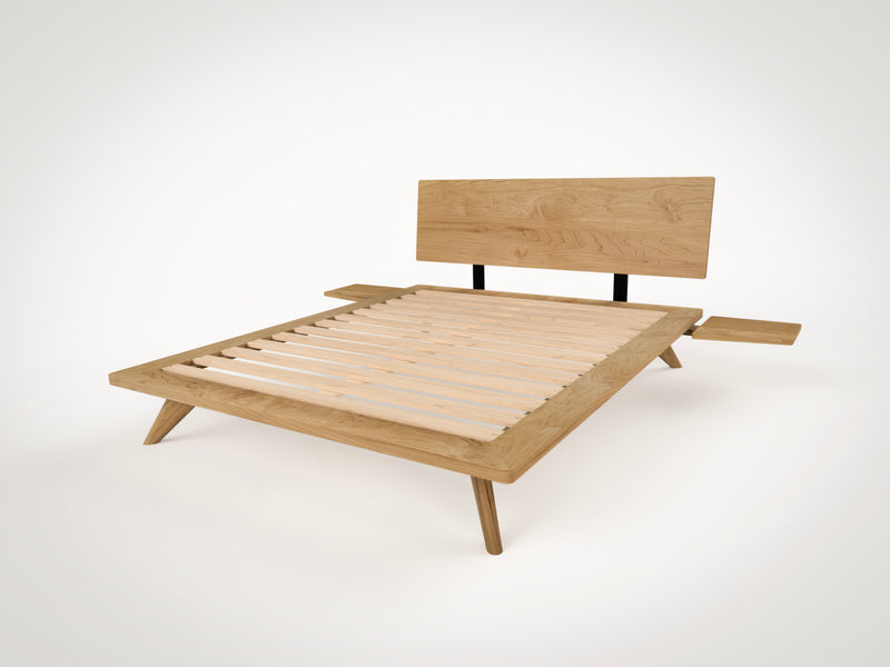 Atomic Platform Bed- Handcrafted Solid Wood Bed Frame-with side table attached
