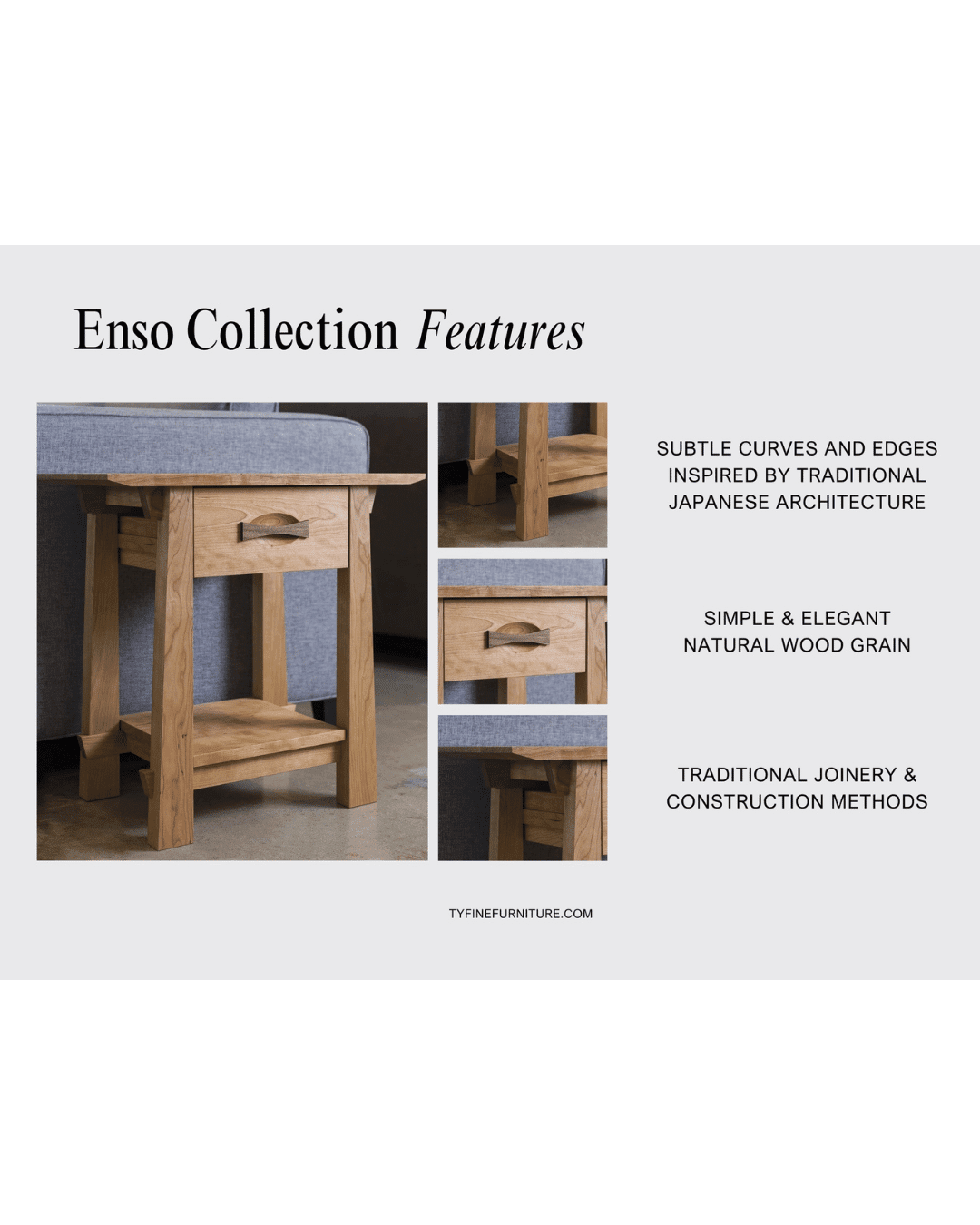 The Enso Desk by TY Fine Furniture is showcased from several angles, featuring its drawer, lower shelf, clean lines, Japanese-inspired curves, natural wood grain, traditional joinery, and subtle wire management.