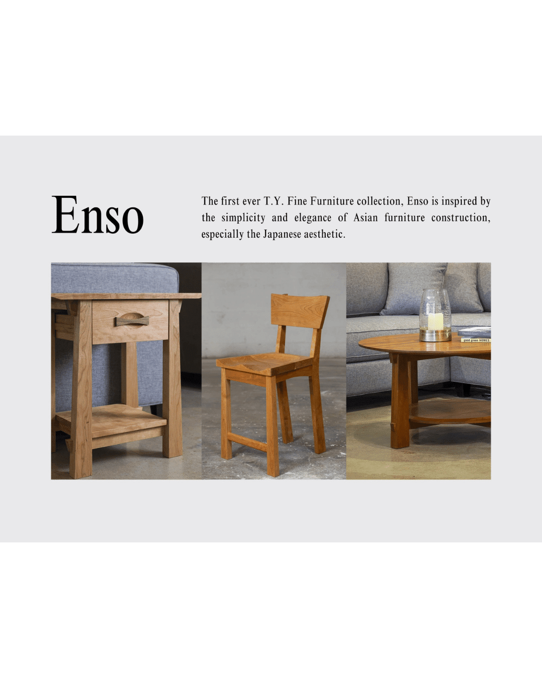 Three pieces of wooden furniture—a side table, a chair, and a coffee table—are beside a sofa and glass pitcher. Text highlights the Enso Barstool by TY Fine Furniture, inspired by Japanese design, available in bar and counter height in Columbus OH.