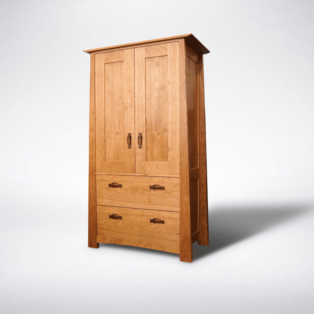 The Enso Armoire - Solid Hardwood by TY Fine Furniture offers a natural finish, two doors, two lower drawers, simple handles, and adjustable shelves for flexible storage. Available in Columbus, OH.
