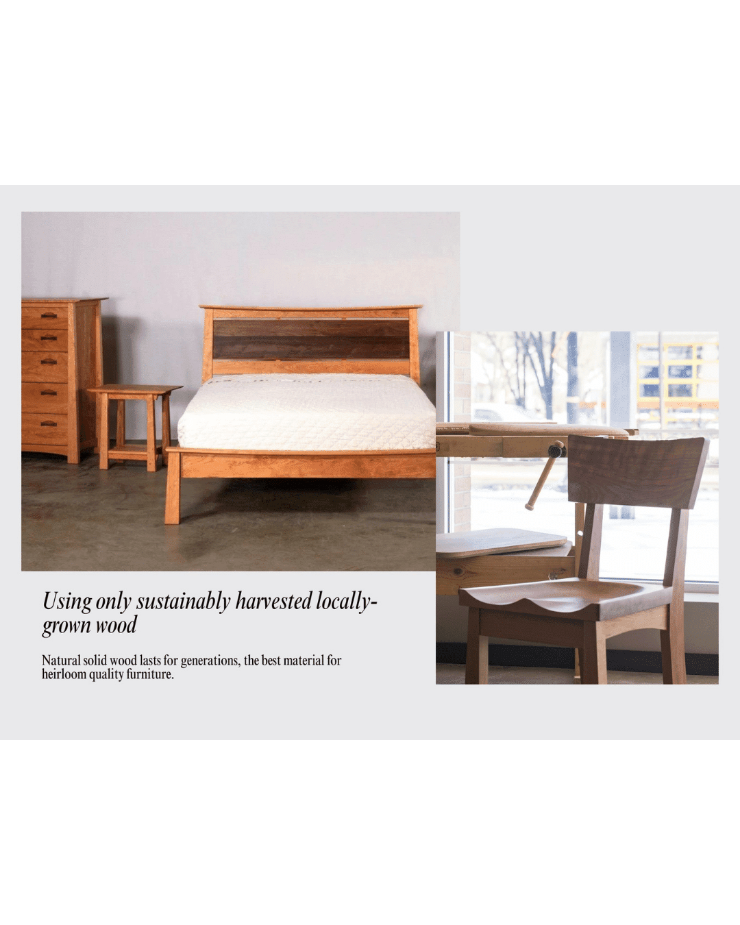 A bedroom set made from sustainably harvested, locally-grown wood includes a bed, nightstand, chest of drawers, and the Enso Dining Chair by TY Fine Furniture—solid wood, handcrafted in Columbus, Ohio—showcasing Japanese-inspired contemporary design.