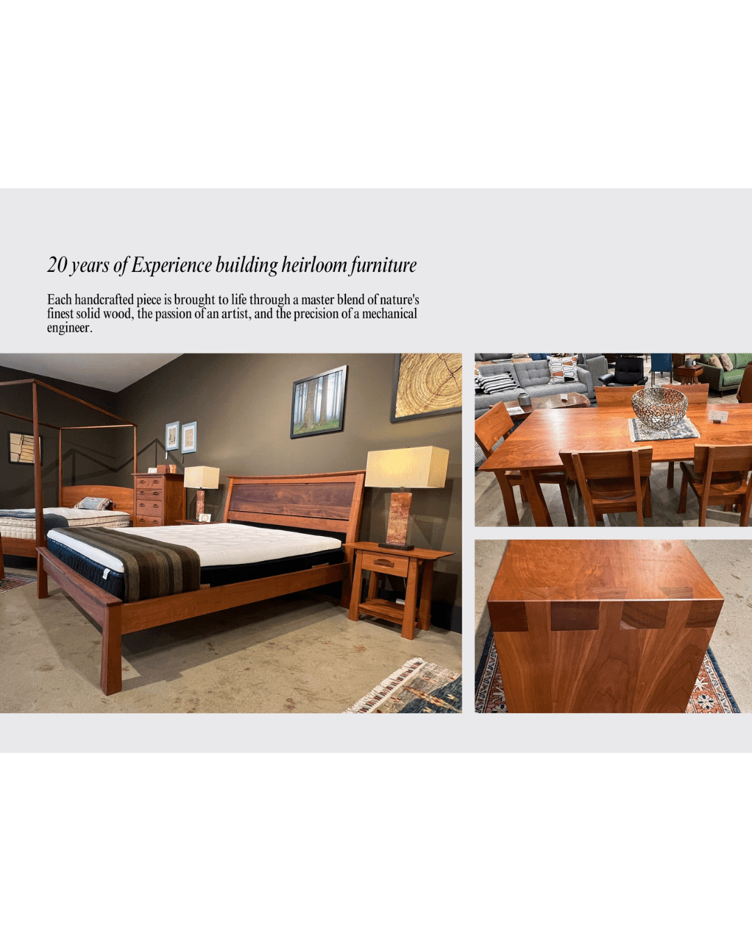 A display of TY Fine Furniture’s Enso Dining Chair, solid wood and handcrafted in Columbus, Ohio, features detailed views of Japanese joinery—all set in a neutral contemporary showroom to highlight the chair’s craftsmanship and artistry.