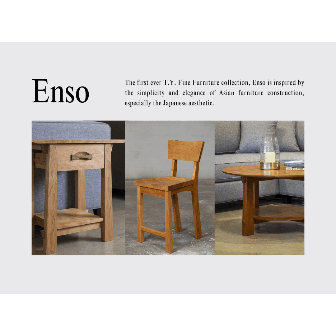 The Enso Solid Wood Bench by TY Fine Furniture, handcrafted in Columbus, Ohio, is shown beside text describing its inspiration from the simplicity and elegance of Japanese woodworking and design.