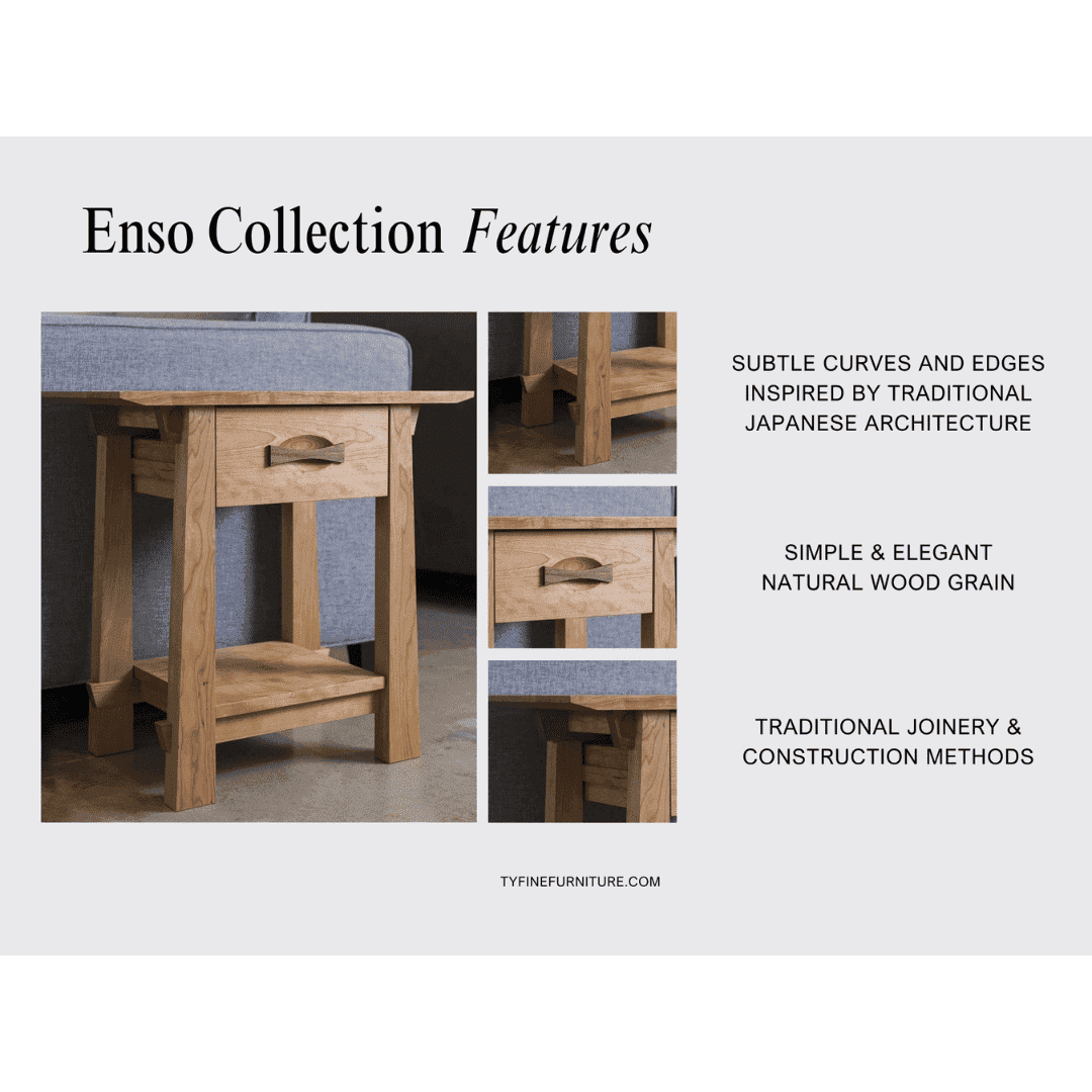 The Enso Round Coffee Table by TY Fine Furniture, handcrafted in solid wood, features subtle curves inspired by Japanese architecture, visible natural wood grain, and traditional construction methods—shown from multiple angles.