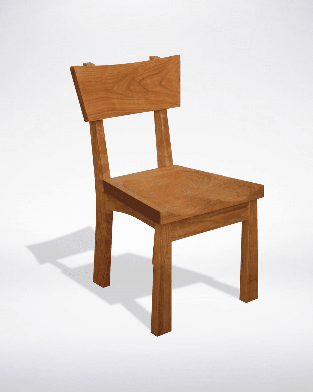 The Enso Dining Chair by TY Fine Furniture features solid wood craftsmanship, a flat seat, angled backrest, and sturdy legs—handcrafted in Columbus, Ohio and showcased against a plain white background.