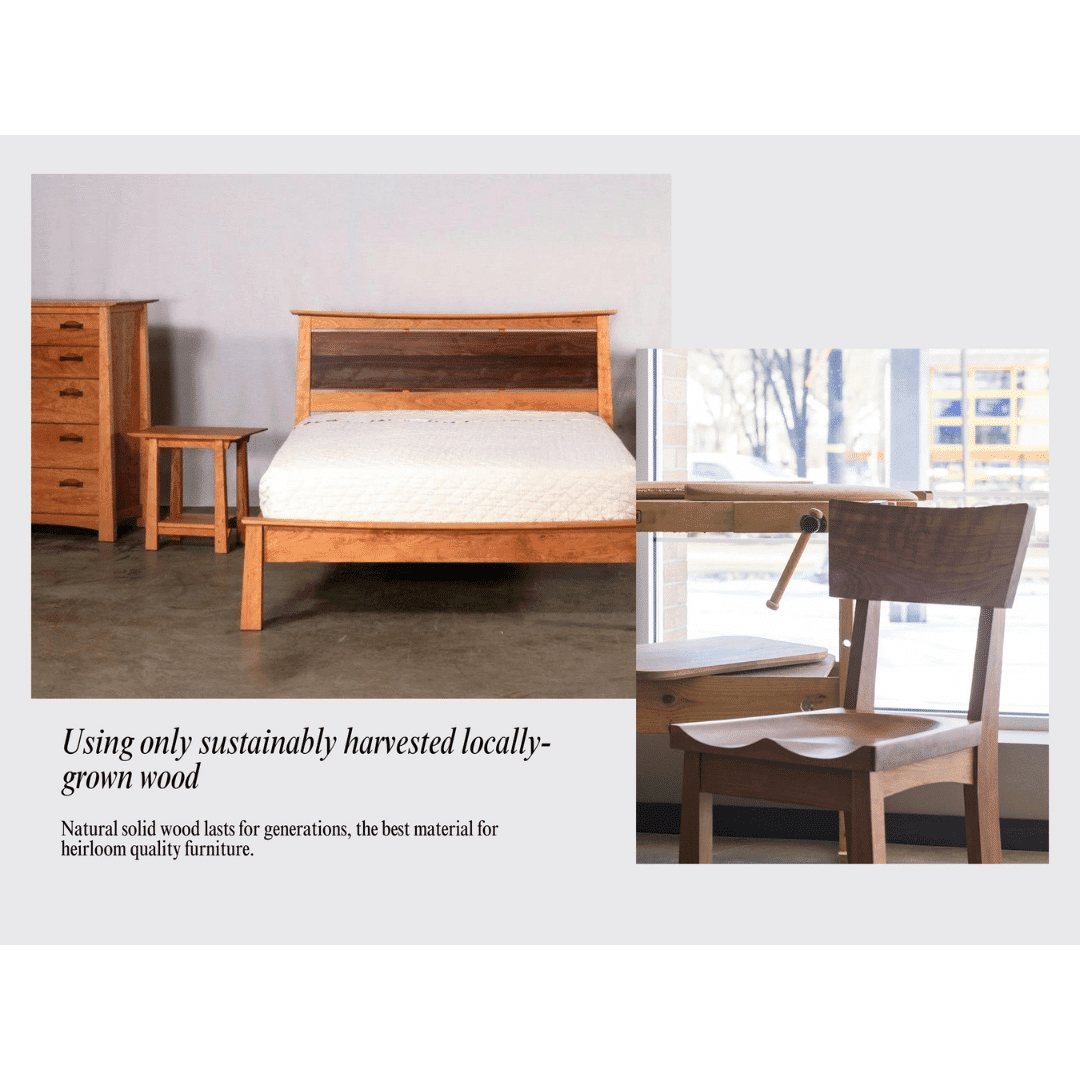 A wooden bed, nightstand, chair, and the TY Fine Furniture Enso Armoire - Solid Hardwood | Columbus OH with adjustable shelves are showcased. Crafted from locally harvested wood, these heirloom quality pieces are built to last for generations.