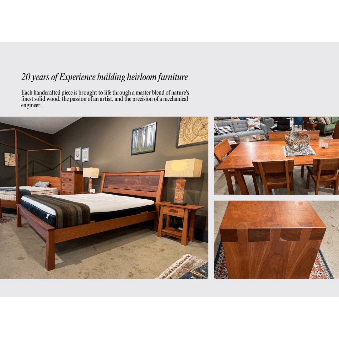 A photo collage showcases TY Fine Furniture’s handcrafted pieces, including the Enso Dining Table—solid wood and made in Columbus, Ohio—bed, and nightstand. Text reads: 20 years of experience building heirloom furniture.