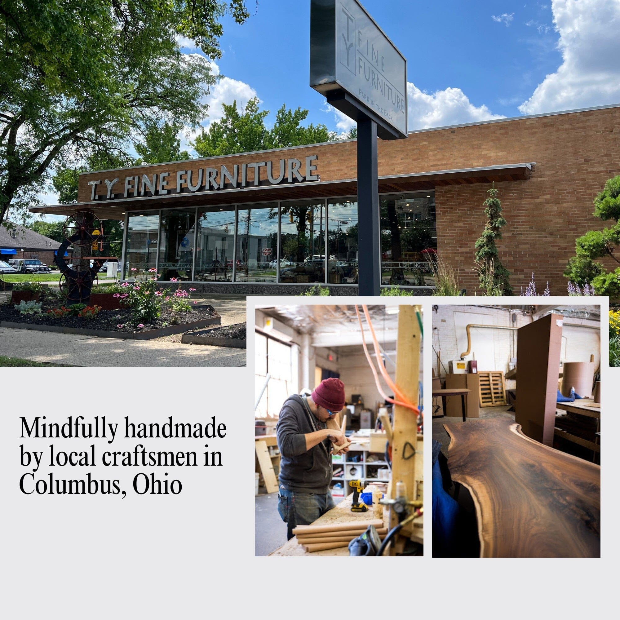 Exterior of TY Fine Furniture store and workshop in Columbus, Ohio, where local craftsmen handcraft the Essentials Dining Table—solid wood, available as a 6- or 8-seater. Text: “Mindfully handmade by local craftsmen in Columbus, Ohio.”.