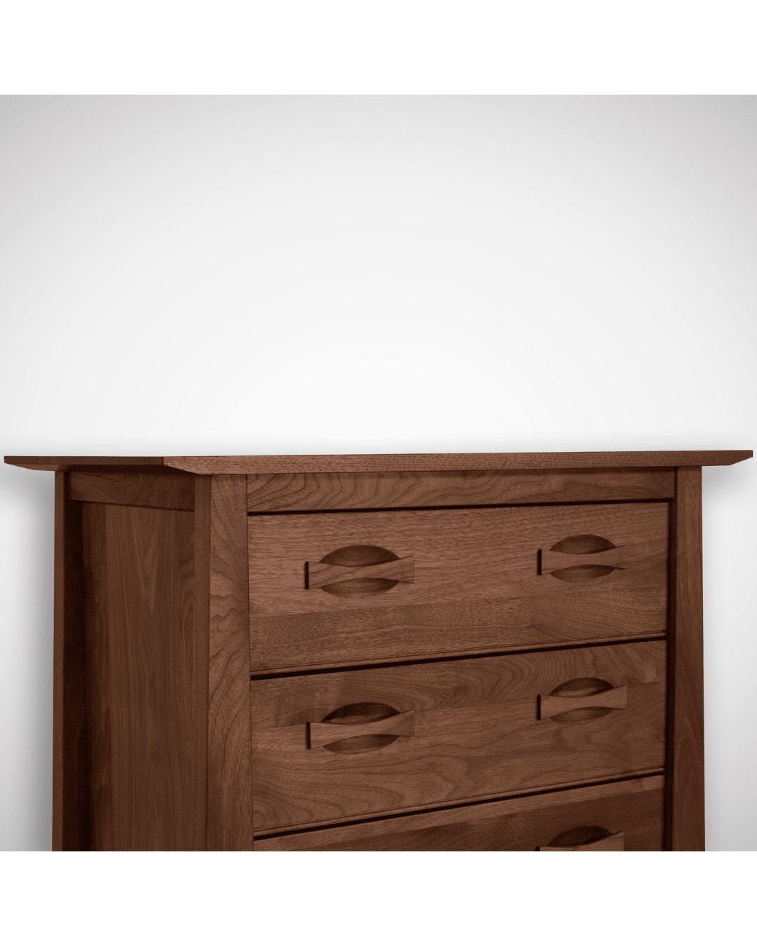 The Enso 5-Drawer Upright Dresser by TY Fine Furniture is a handmade solid walnut chest with recessed handles, clean lines, and a smooth top—ideal for stylish bedroom storage against a plain white background.