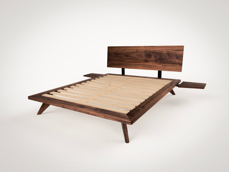 Atomic Platform Bed- Handcrafted Solid Wood Bed Frame-with side table attached