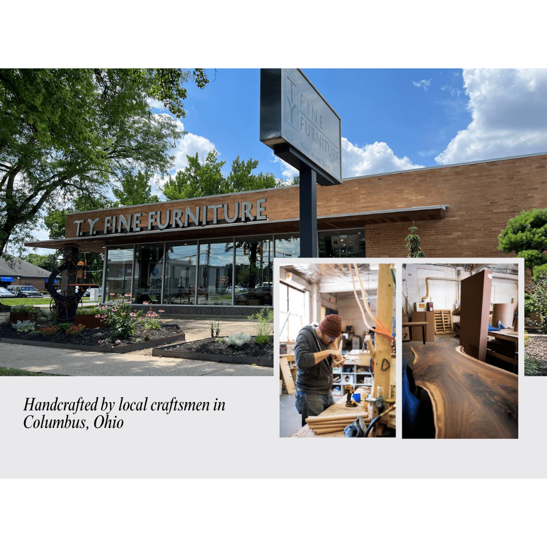 Exterior of TY Fine Furniture store with sign, plus two insets: artisan woodworking and close-up of the Modern "ONE" Platform Bed Frame. Text: Handmade by local Columbus, Ohio craftsmen.