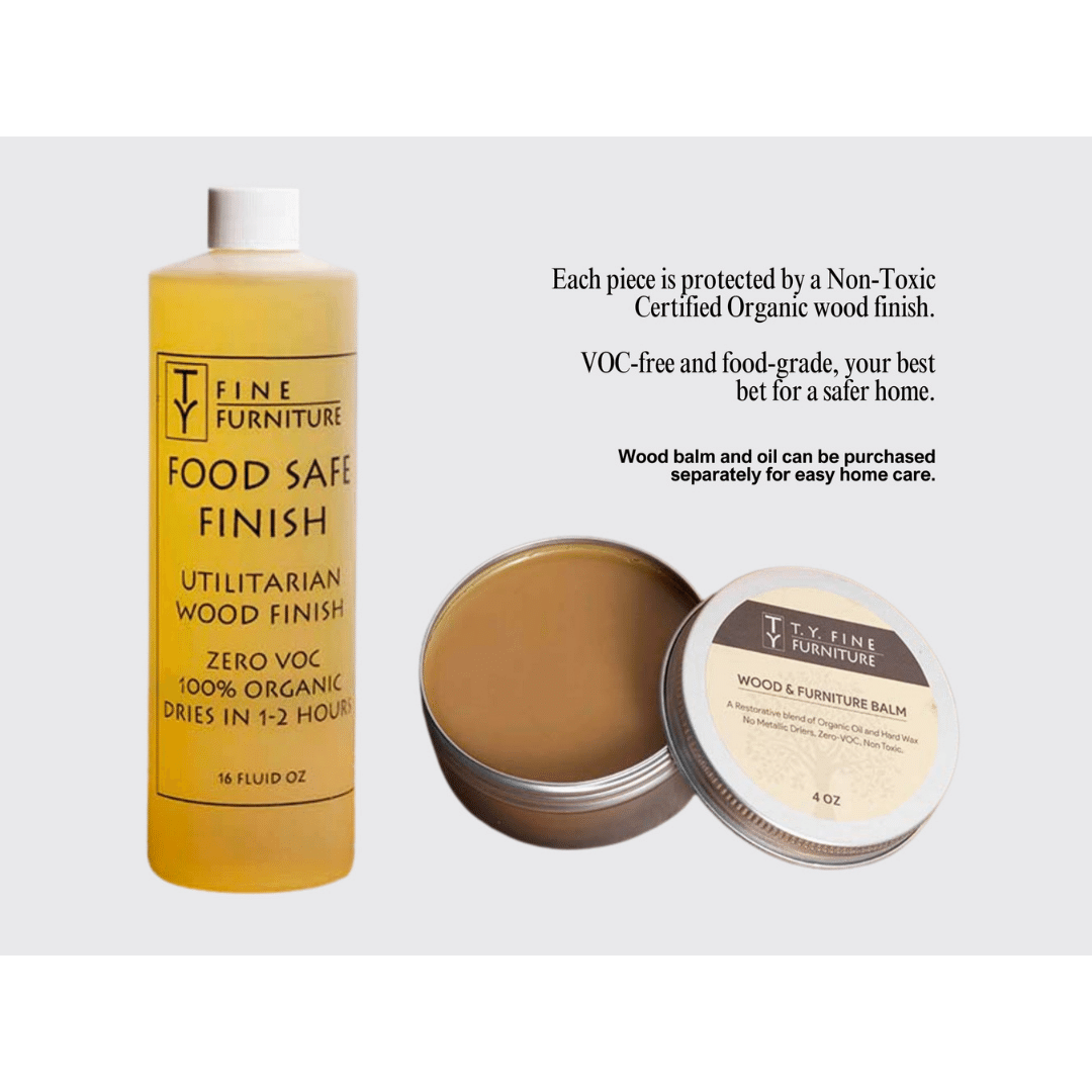 A bottle of Fine Furniture Food Safe Finish and an open tin of Wood & Furniture Balm by TY Fine Furniture are shown—non-toxic, VOC-free, and safe for home use, ideal for caring for your solid wood bed or Modern "ONE" Platform Bed.