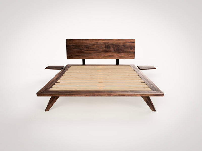 Atomic Platform Bed- Handcrafted Solid Wood Bed Frame-with side table attached