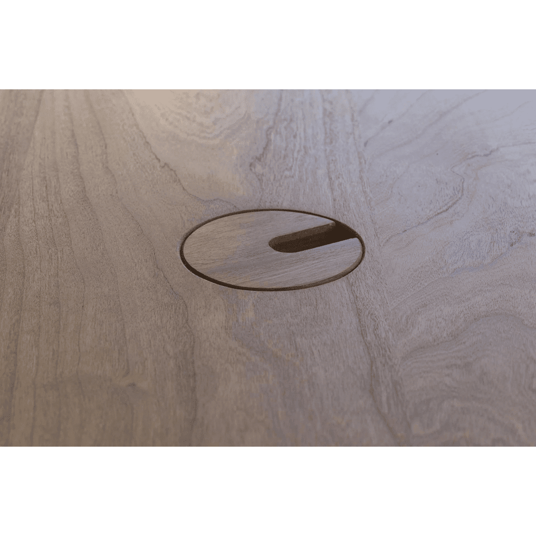 Close-up of the Apollo Solid Wood Desk by TY Fine Furniture, handcrafted in Columbus, Ohio, featuring a premium hardwood surface with a circular cutout and notch for cable management—ideal for a stylish home office.