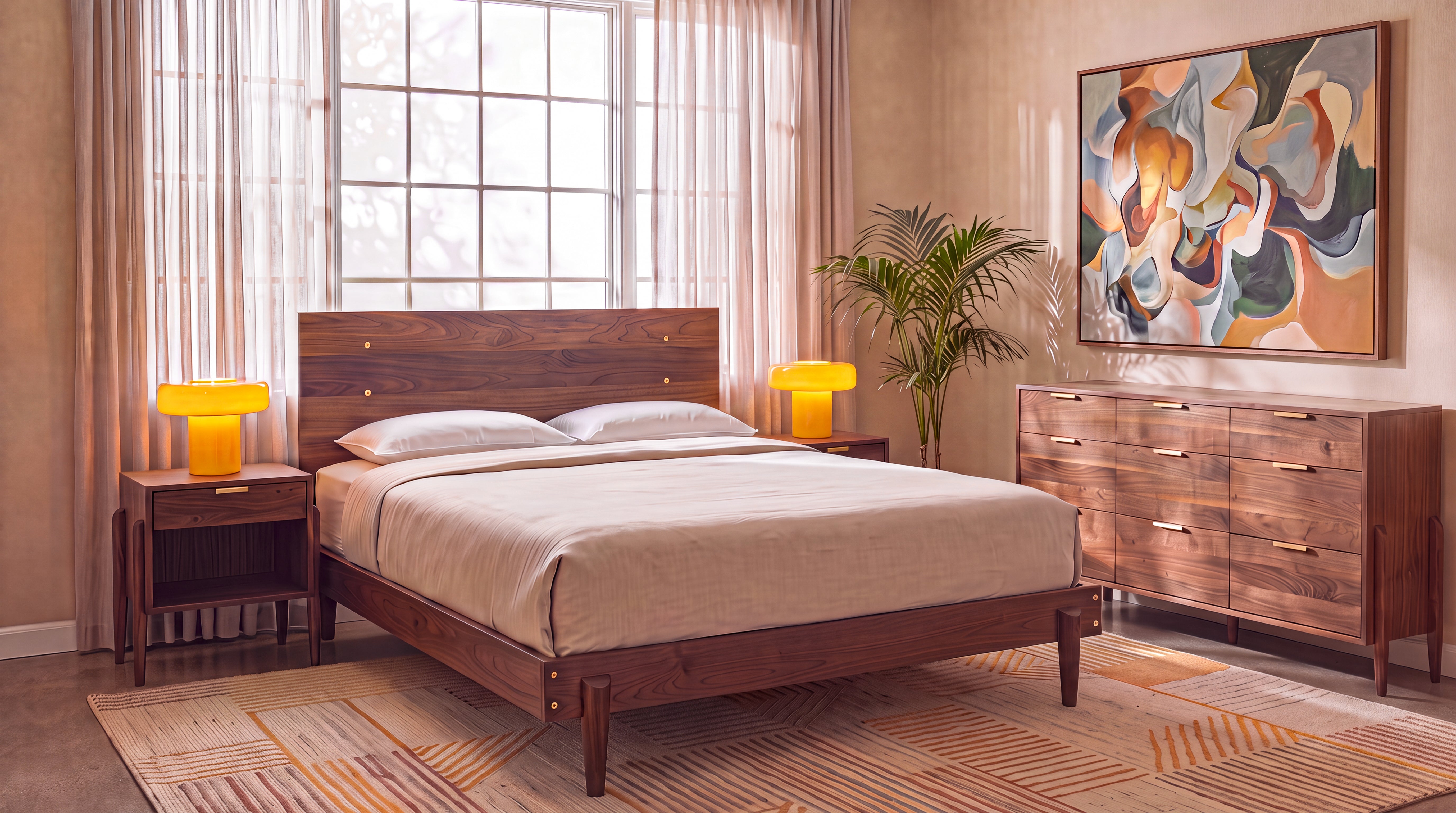 A modern bedroom featuring a wooden bed, two yellow lamps placed on TY Fine Furniture’s Apollo Cube Side Table in Maple (one drawer, solid hardwood) by the nightstands, a large dresser, an abstract painting, a potted plant, and sunlight streaming through sheer curtains over the window.