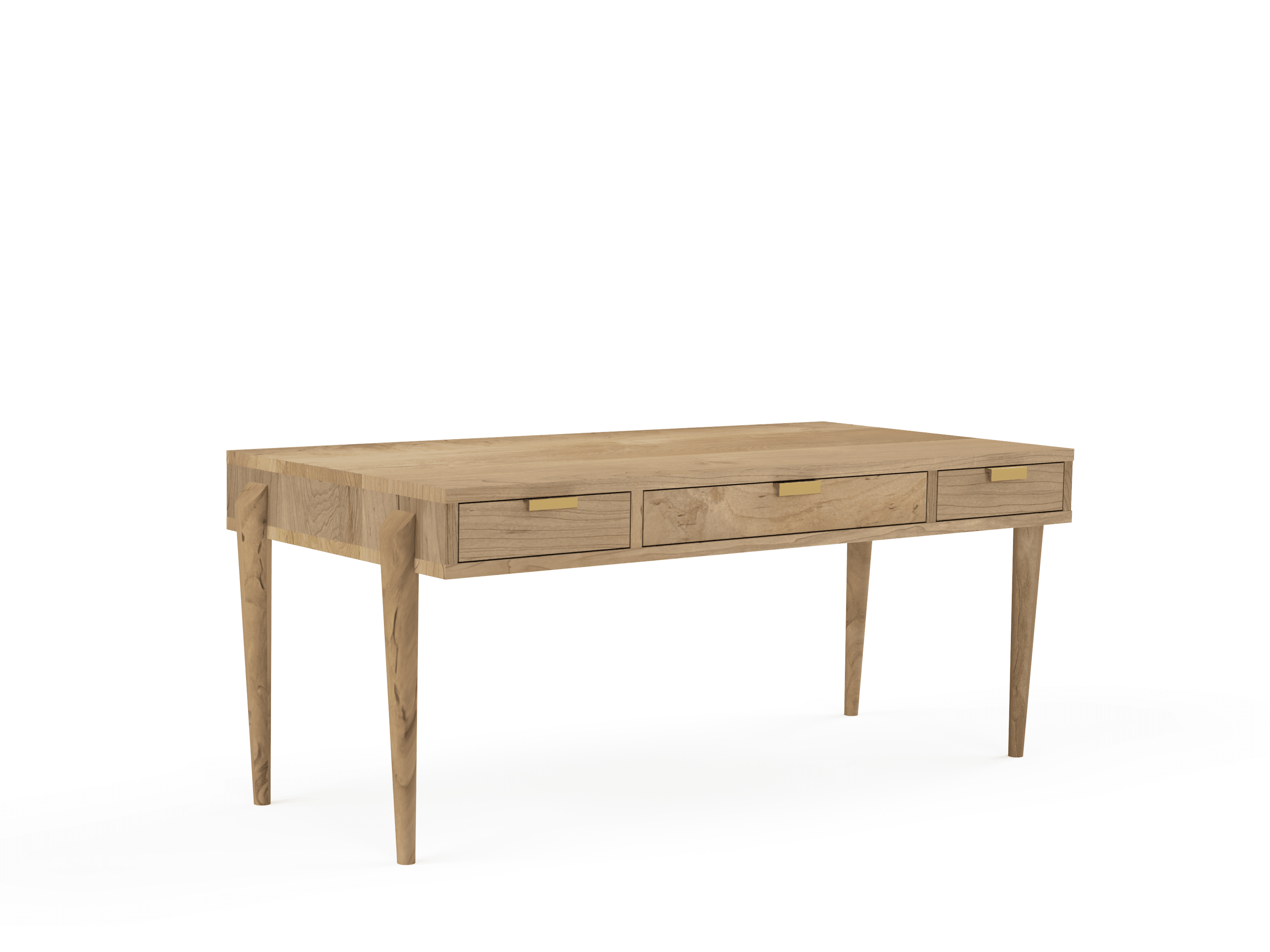 The Apollo Solid Wood Desk by TY Fine Furniture is handcrafted in Columbus, Ohio. This modern desk features a natural wood finish, three drawers with gold handles, and four tapered legs—ideal for your home office. Set against a plain white background.