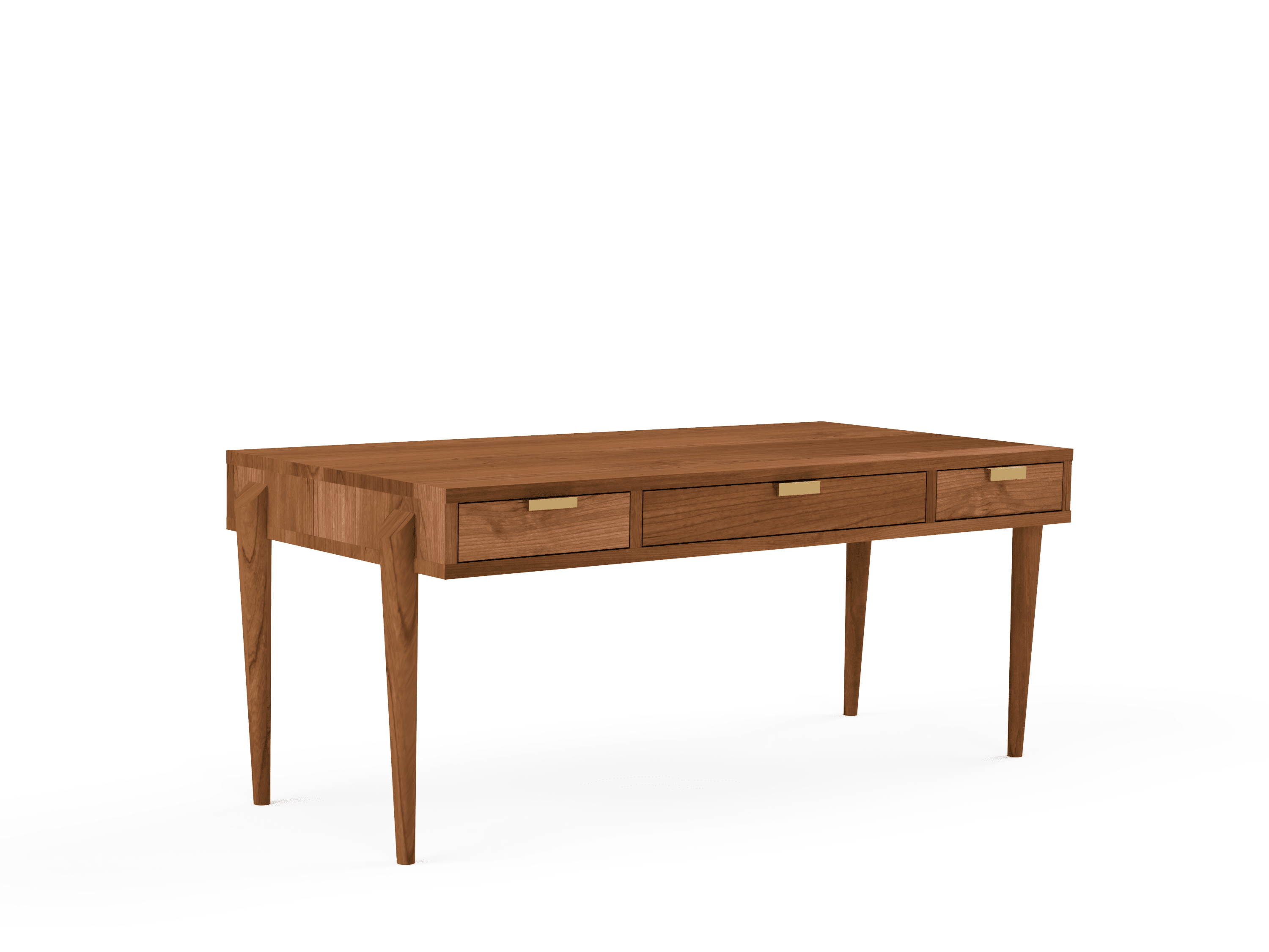 The Apollo Solid Wood Desk by TY Fine Furniture features three drawers, slender tapered legs, and brass handles—handcrafted in Columbus, Ohio and shown against a plain white background.