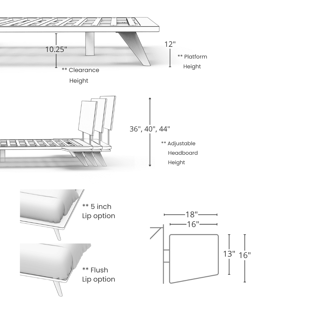 Line drawings show the TY Fine Furniture Atomic Platform Bed in solid maple with labeled dimensions: platform height 12", clearance 10.25", headboard adjustable to 36", 40", or 44", optional 5" lip, and slats spaced 16" apart at heights of 13" or 16".