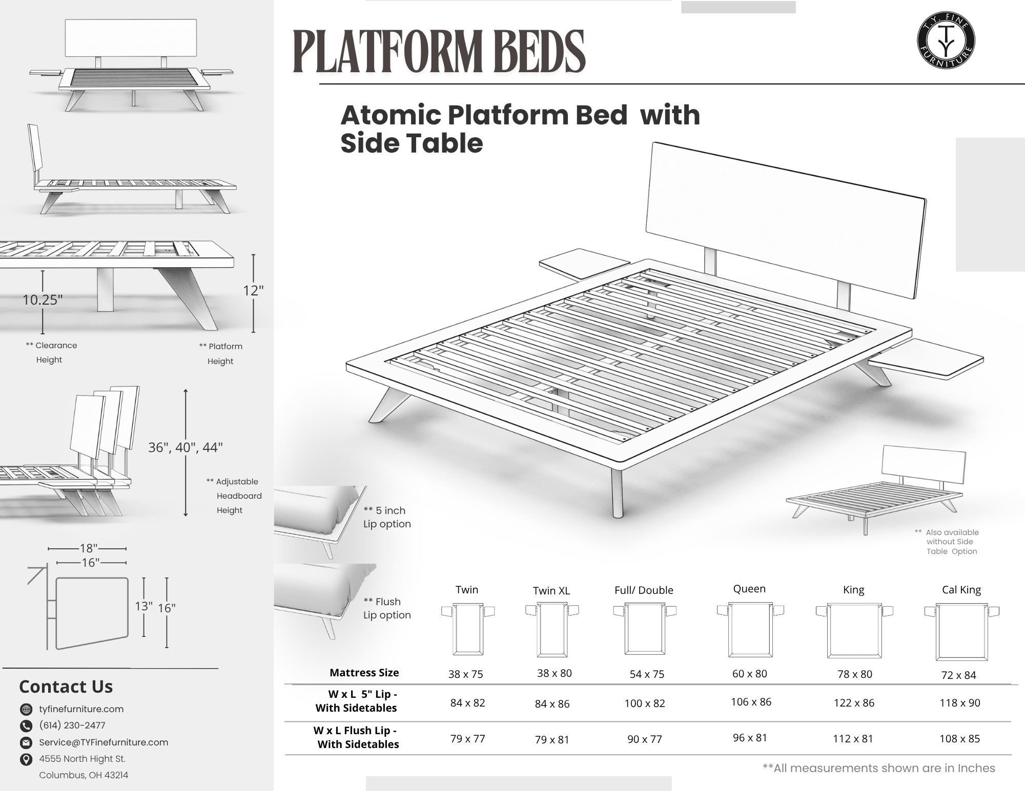 Black-and-white diagram of the Atomic Platform Bed–Solid Wood Maple by TY Fine Furniture, featuring a slatted base, angled legs, headboard, and two side tables. Includes detailed measurements, bed sizes, and manufacturer contact info.