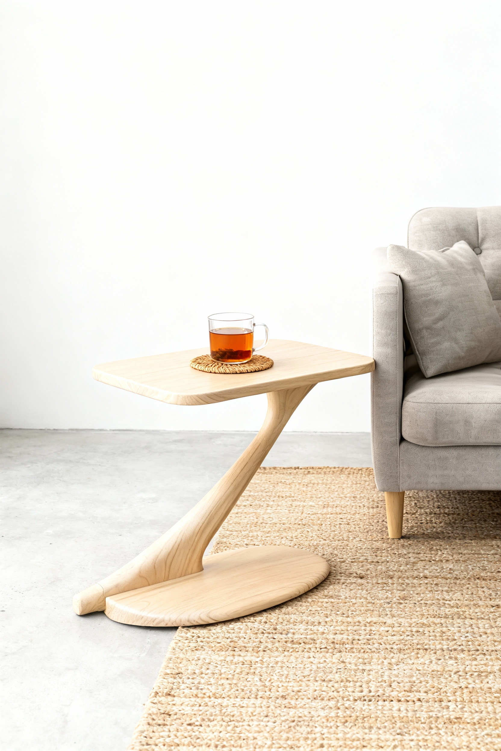 The TY Fine Furniture Cantilever Side Table Solid Wood Handmade - Maple holds a glass of tea on a coaster beside a light gray sofa, atop a woven rug in a minimalist room with white walls and a curved base design.