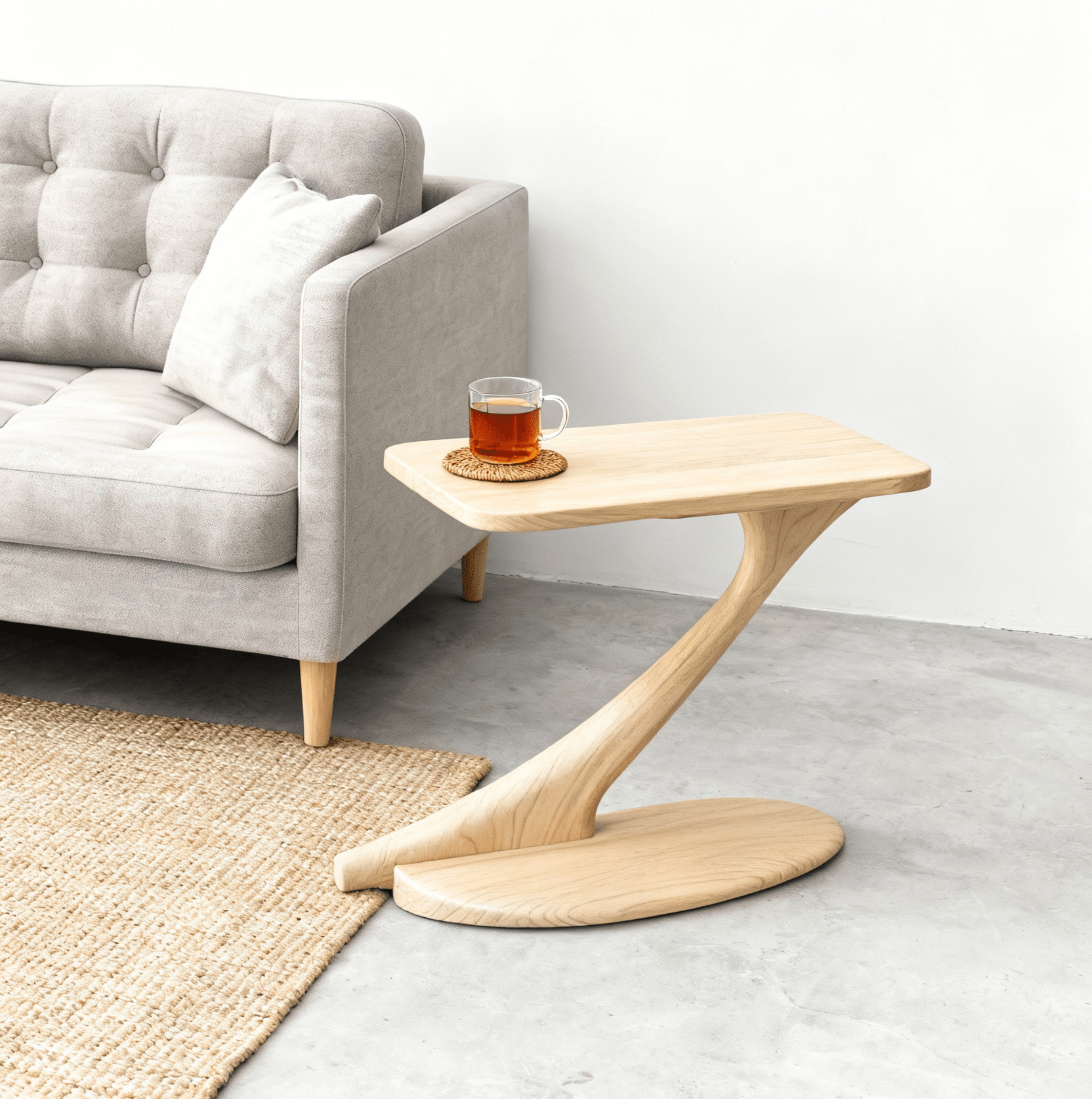 A TY Fine Furniture Cantilever Side Table Solid Wood Handmade - Maple stands next to a light gray sofa, holding a glass cup of tea on a coaster. A beige woven rug partially covers the concrete floor.