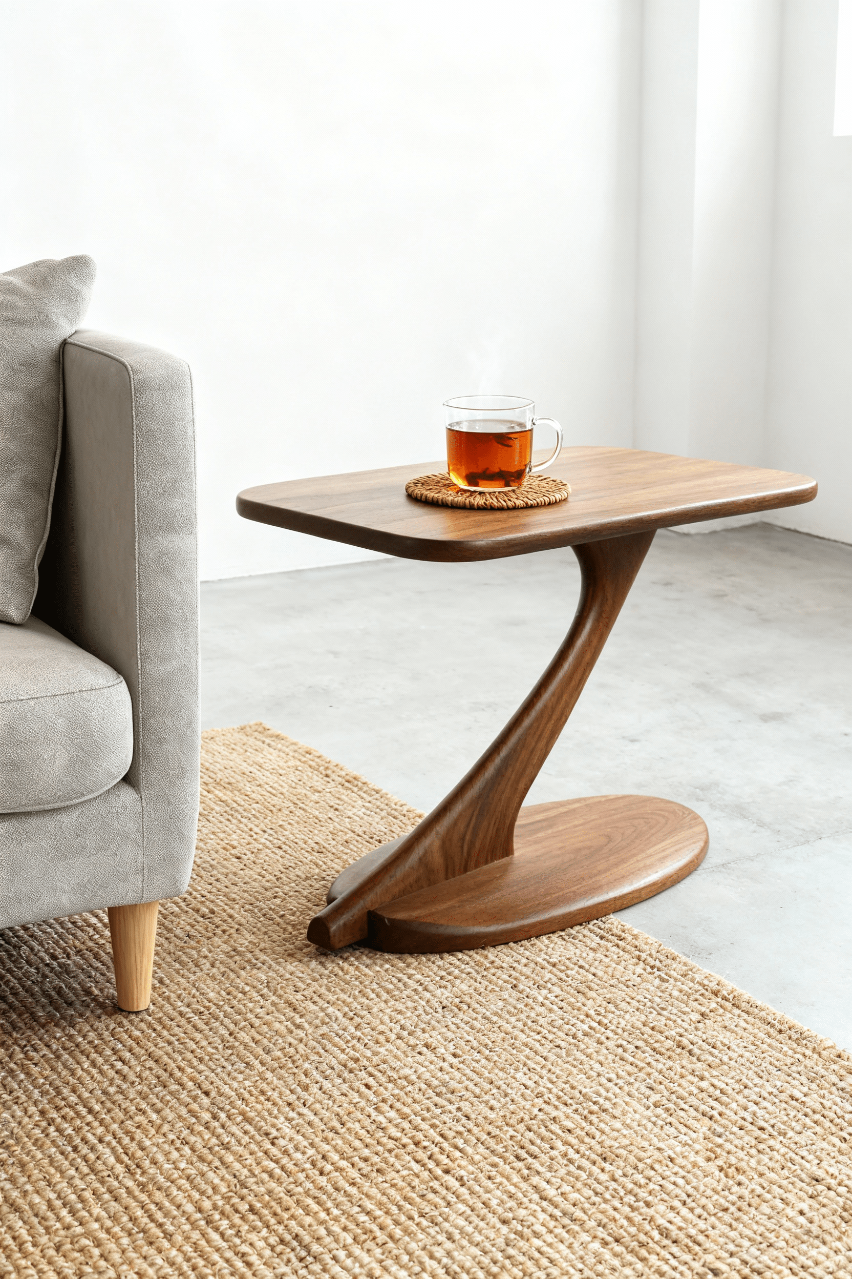 The TY Fine Furniture Cantilever Side Table, handmade from solid walnut, stands on a woven rug by a light gray sofa. A glass of tea sits atop the table as sunlight fills the minimal, airy room with warmth.