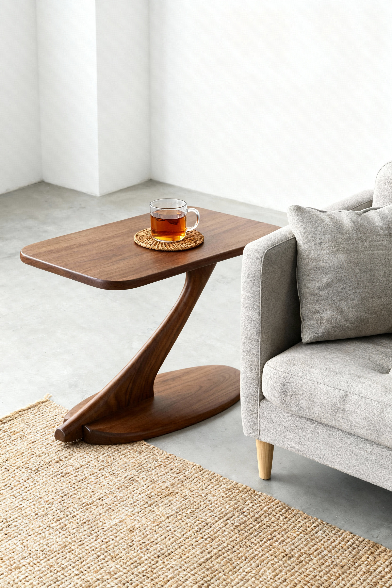 The Cantilever Side Table Solid Wood Handmade - Walnut by TY Fine Furniture stands beside a light gray sofa. A glass cup of tea on a woven coaster sits atop the table, while the concrete floor features a nearby woven rug.
