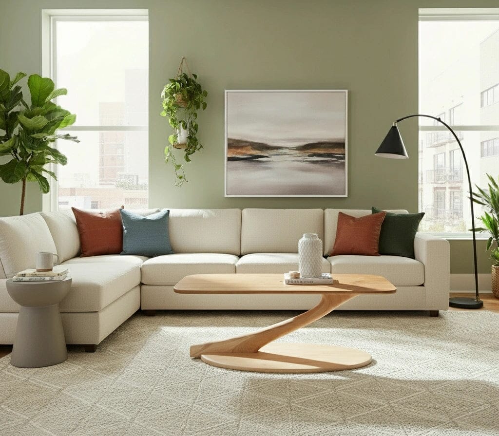 A modern living room with a white sectional sofa, colorful cushions, TY Fine Furniture’s Cantilever Coffee Table in solid maple, a floor lamp, potted plants, and a landscape painting on a light green wall between two tall windows.