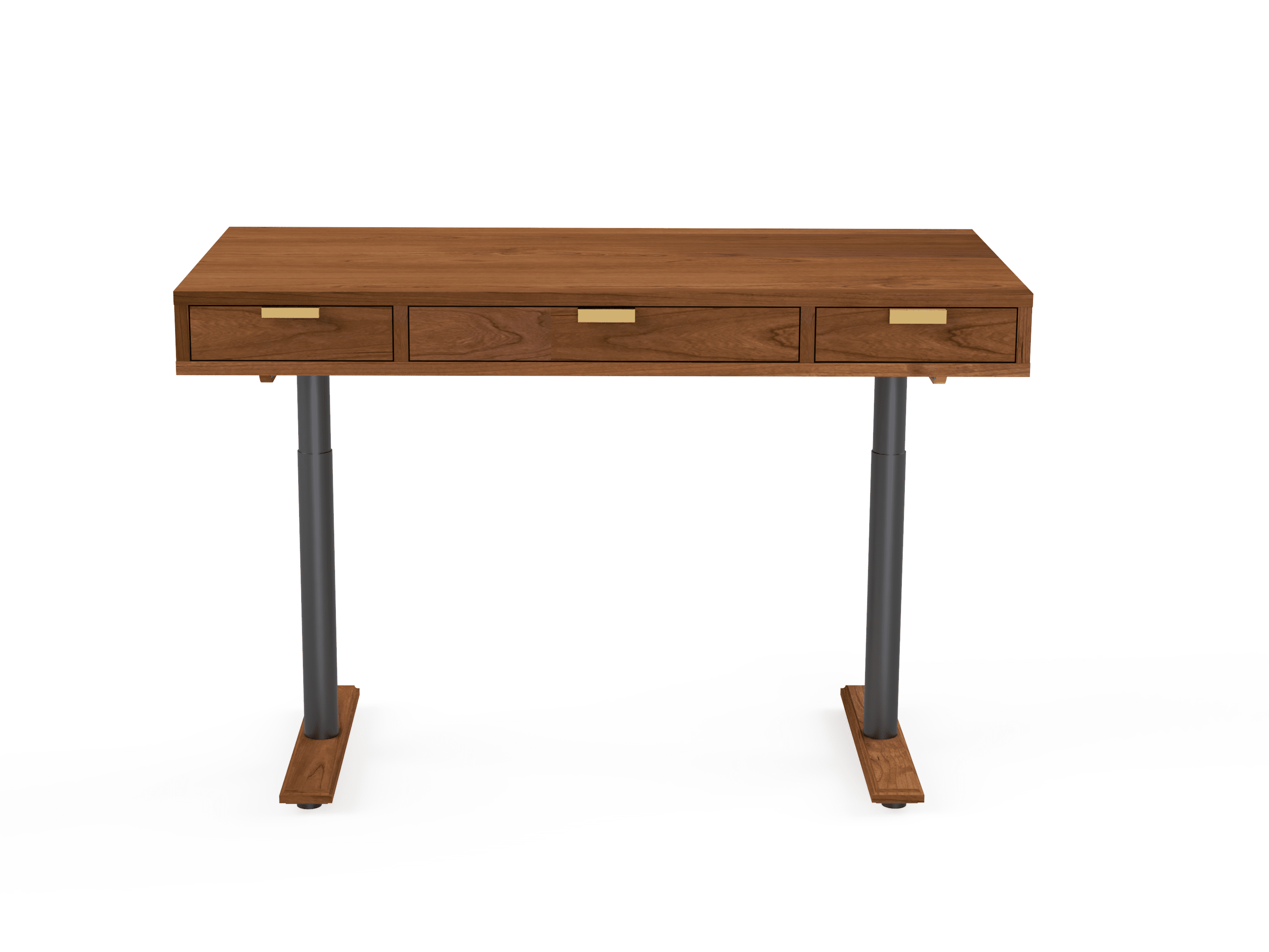 The Apollo Solid Wood Sit Stand Desk by TY Fine Furniture features three drawers with brass handles and two black metal legs with wooden bases—a perfect mid-century modern desk, showcased against a white background.