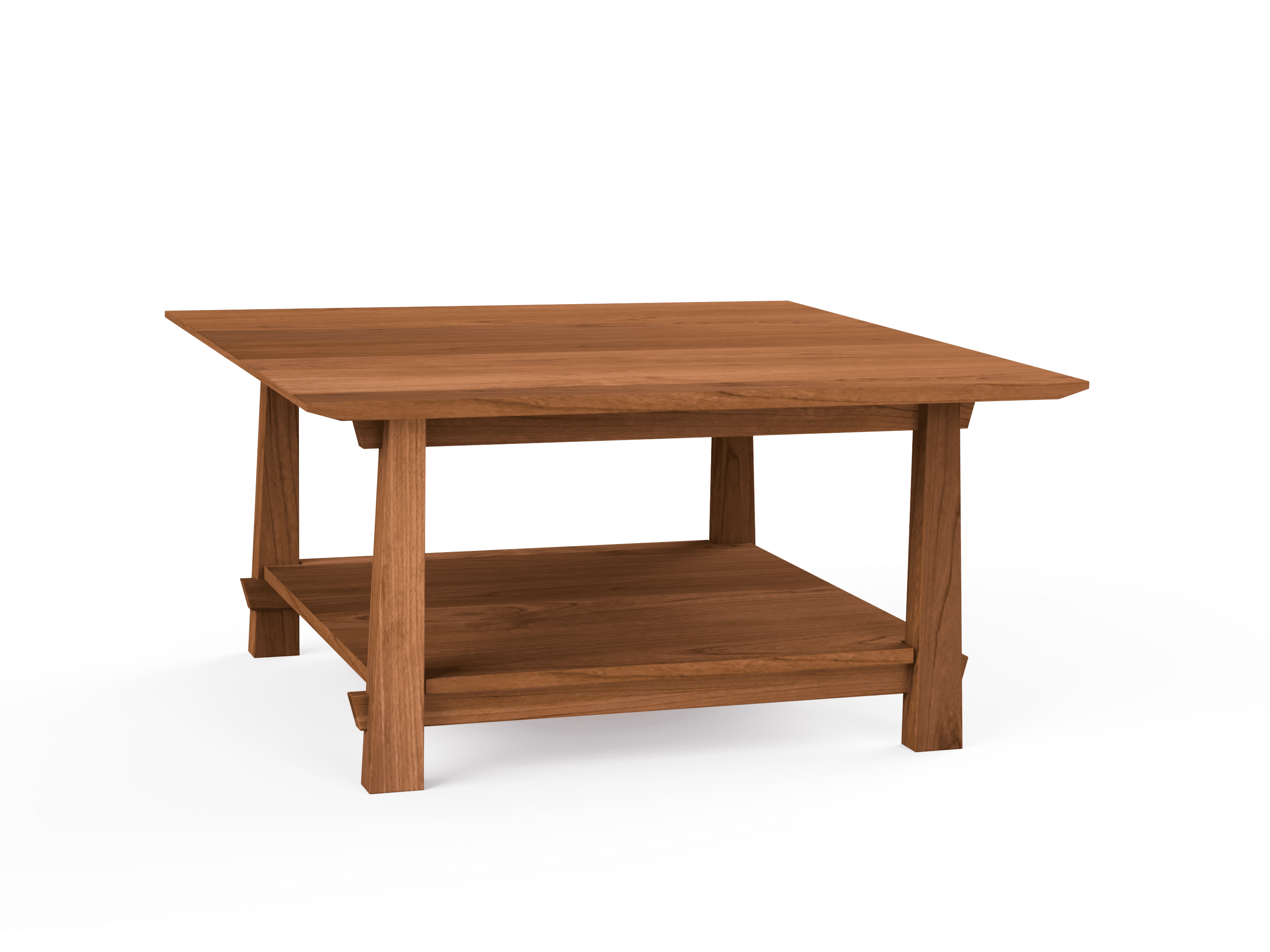 The Horizon Coffee Table Solid Wood Handmade Organic by TY Fine Furniture is a square wooden side table with four legs and a lower shelf, featuring a natural cherry finish and sturdy, minimalist design—ideal for contemporary spaces.