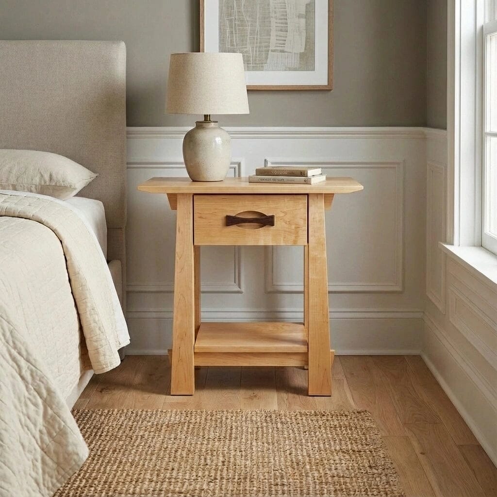 The Enso Side Table with Drawer in Maple by TY Fine Furniture sits beside a beige bed. On it are a ceramic lamp and two books. The room features light walls, wood floors, a woven rug, and sunlight pouring through the window.