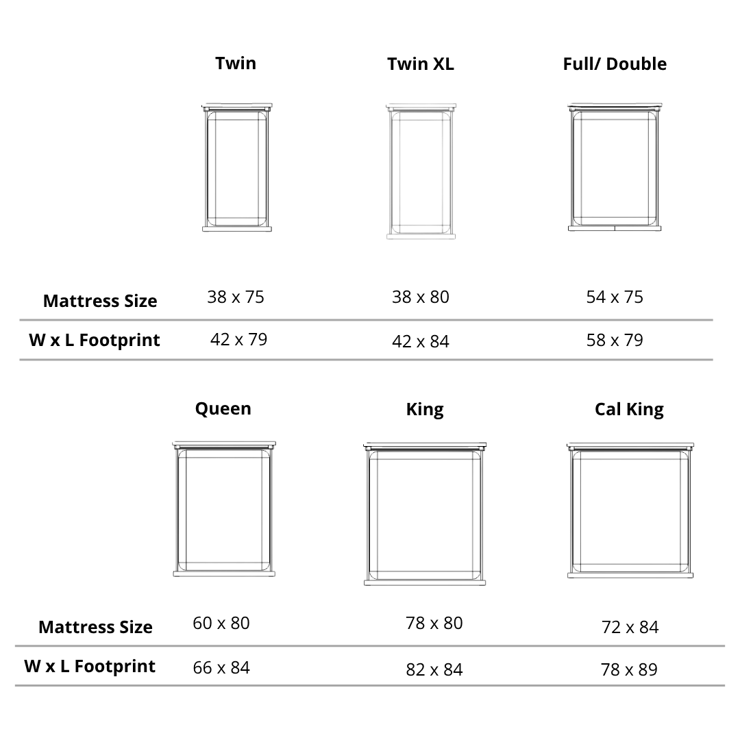 Chart displaying mattress sizes and footprints—Twin, Twin XL, Full/Double, Queen, King, Cal King—clearly labeled for pairing with the Enso Platform Bed- Walnut by TY Fine Furniture or any solid wood bed frame.