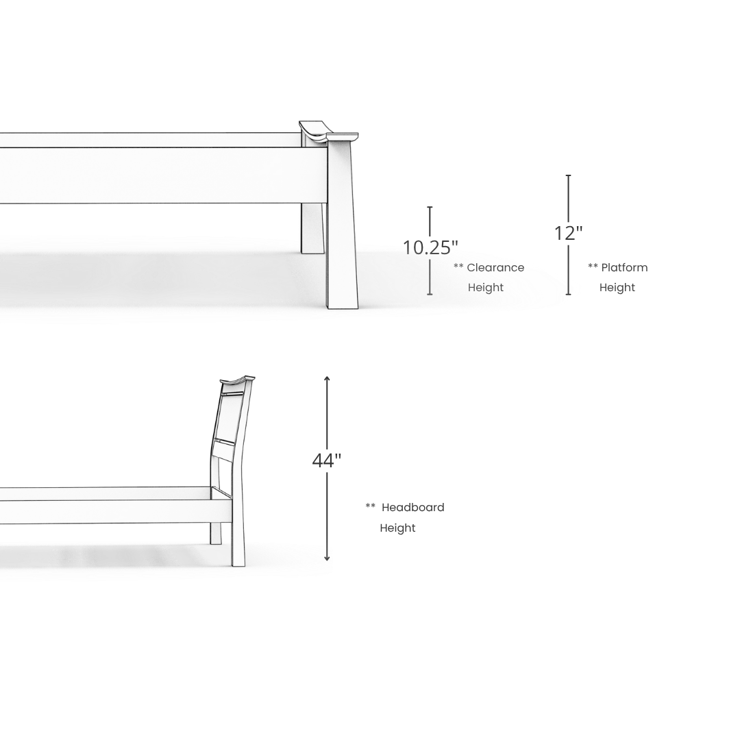 Simple line drawing of the Enso Platform Bed- Walnut by TY Fine Furniture, a Japanese bed frame with 10.25" clearance, 12" platform height, and 44" headboard height. Side and front views shown on a plain background.