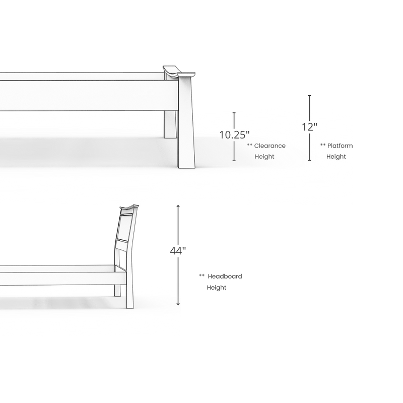 Simple line drawing of the Enso Platform Bed- Walnut by TY Fine Furniture, a Japanese bed frame with 10.25" clearance, 12" platform height, and 44" headboard height. Side and front views shown on a plain background.