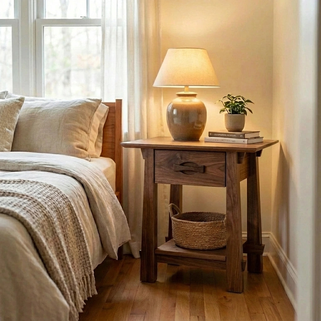 A cozy bedroom corner features the handmade Enso Side Table With Drawer by TY Fine Furniture in walnut, displaying a lamp, plant, and books. The bed has neutral linens, and sunlight fills the room through sheer white curtains.